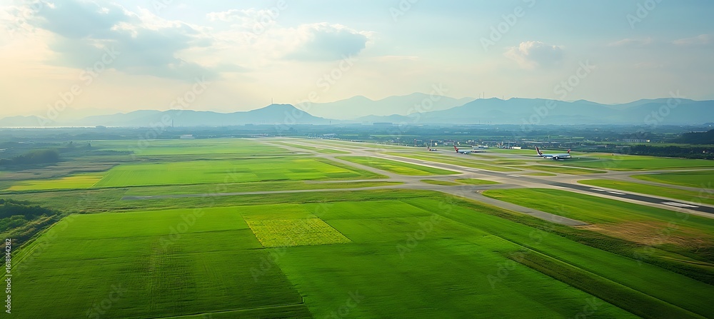 Fototapeta premium Aerial view of airport runway surrounded by green fields with mountains in the background during daytime