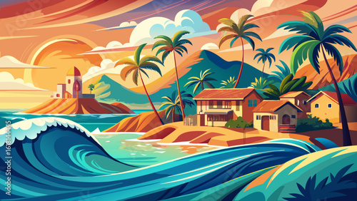 Ocean waves sea beach tropical island palm trees sand houses paper art design illustration artwork scene glows with sunlight. Semi-realistic vector style brings depth, warmth, and layered coastal beau