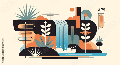Abstract Waterfall Landscape Illustration with Geometric Shapes and Tropical Plants, A Serene Nature Scene with a Mid-Century Modern Aesthetic