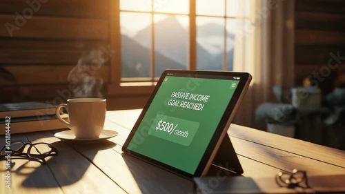 Achieved Passive Income Goal: Tablet Display in Rustic Setting