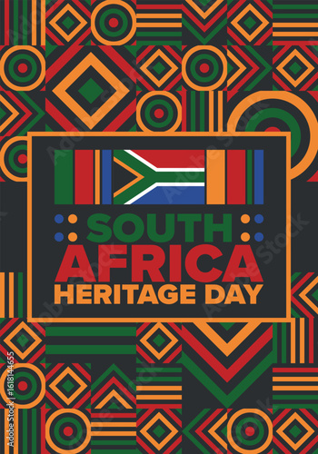 South Africa Heritage Day. Happy holiday. Celebrate culture and traditions of nation. South African flag. Poster with illustration. Pattern design. Vector