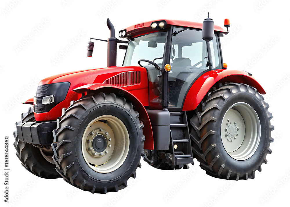 Obraz premium Red agricultural tractor with oversized tires and modern design isolated on white background PNG.AI Generated.
