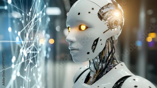 A sleek, humanoid robot engages with a digital interface, illuminated by ambient lighting in a high tech innovation center during an evening event, showcasing advanced technology.