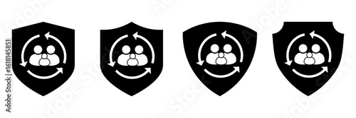 Black Family Protection Icons Set. Shield Silhouettes with Circular Arrows, Concept of Family Security, Health Insurance, Parental Support and Social Care in Simple Vector Illustration