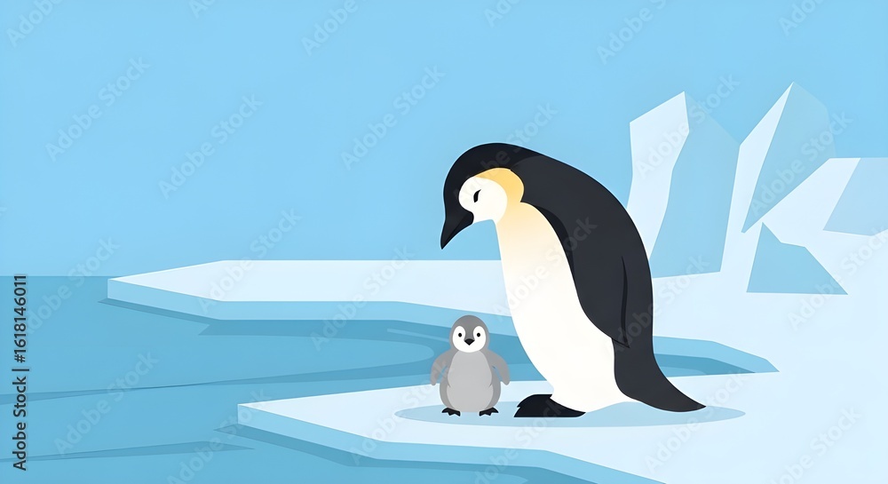 Obraz premium Penguin parents with chick, flat vector, icy background