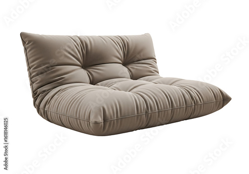 Light beige, tufted couch, angled view.