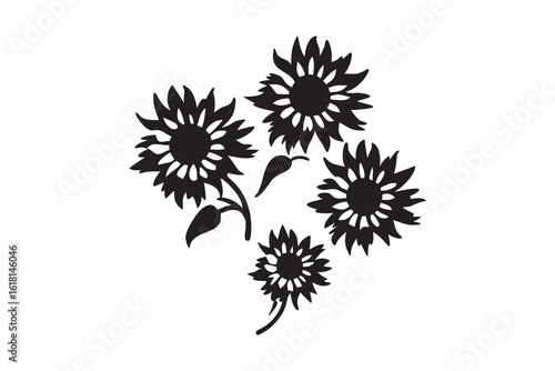 Elegant Sunflower Silhouette Arrangement A striking floral design featuring four sunflowers and leaves perfect for adding a touch of nature and sophistication to any creative