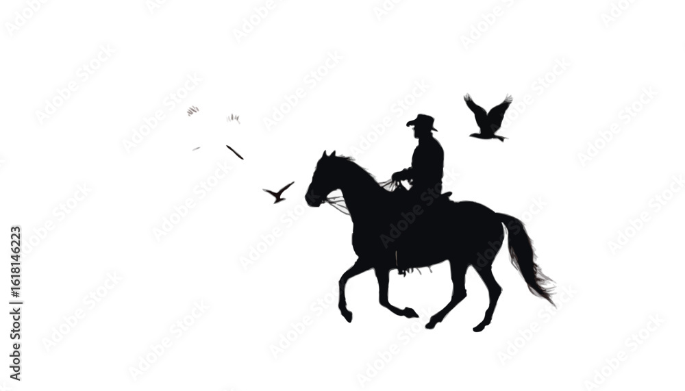 Obraz premium A silhouette of a rider on horseback against a striking red sky, with a large full moon illuminating the scene