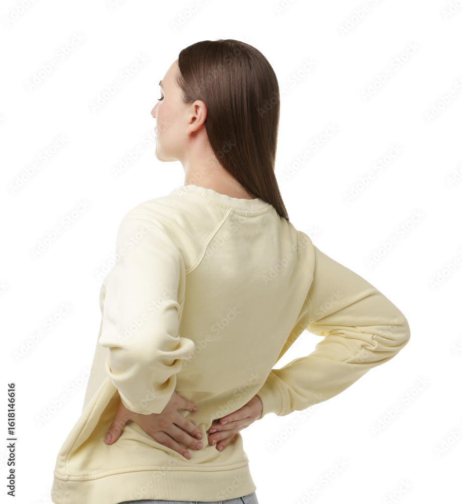 Woman suffering from back pain on white background Woman suffering from back pain on white background
