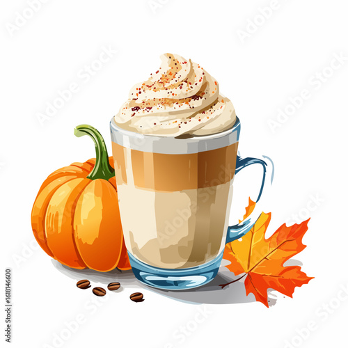 Pumpkin spice latte in a glass mug with whipped cream, next to a small pumpkin and an autumn maple leaf.