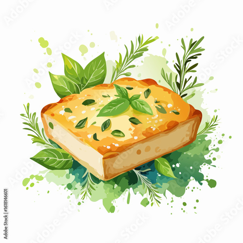 Savory square of golden-baked focaccia bread garnished with fresh basil and rosemary.