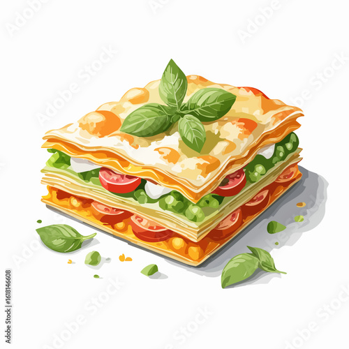 Stylized illustration of a layered vegetarian lasagna slice with fresh basil, tomatoes, and peas.