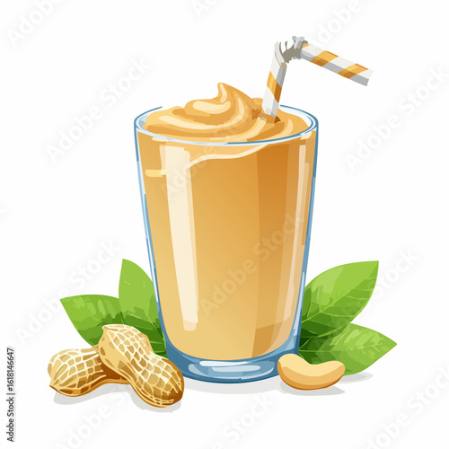 Creamy peanut butter smoothie in a glass with a striped straw, garnished with whole peanuts and fresh leaves.