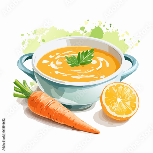 Vibrant watercolor illustration of creamy carrot soup in a bowl with a fresh carrot and lemon.