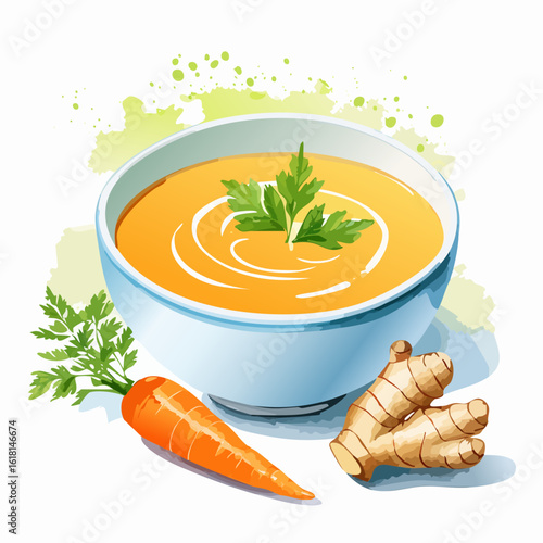 Creamy orange carrot and ginger soup in a blue bowl, garnished with fresh parsley and a swirl of cream, alongside raw ingredients.