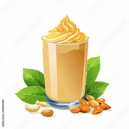 Creamy nut smoothie in a glass with a whipped swirl, garnished with fresh almonds, cashews, and green leaves.