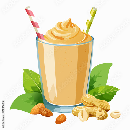 Creamy peanut butter smoothie in a glass with whipped topping, almonds, peanuts, and striped straws.