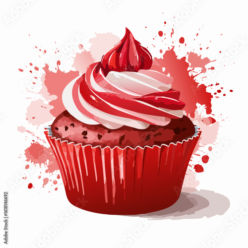Delicious red velvet cupcake with red and white swirled frosting in a vibrant red paper liner.