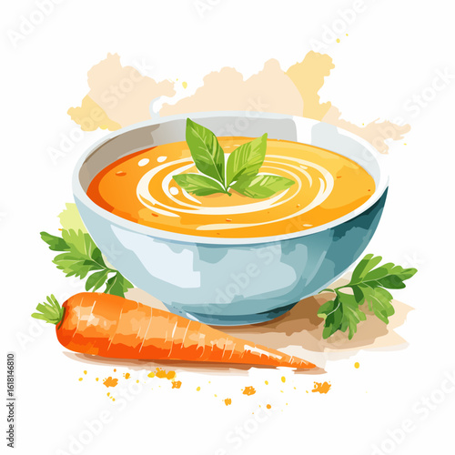 Creamy orange carrot soup in a light blue bowl, garnished with fresh basil leaves and a swirl of cream, with a whole carrot and parsley.