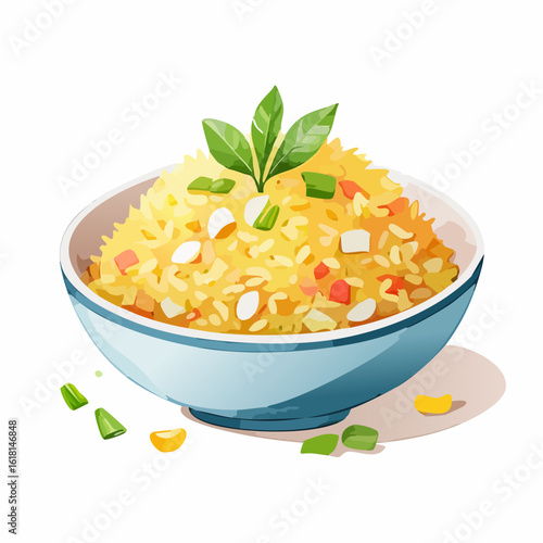A delicious bowl of yellow fried rice with mixed vegetables, egg, and a fresh green herb garnish.