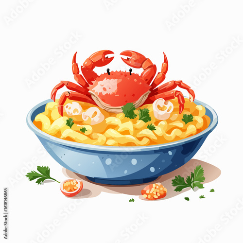 A cheerful red crab character served atop a creamy bowl of macaroni and cheese with shrimp, illustrated in a clean, cartoon style.