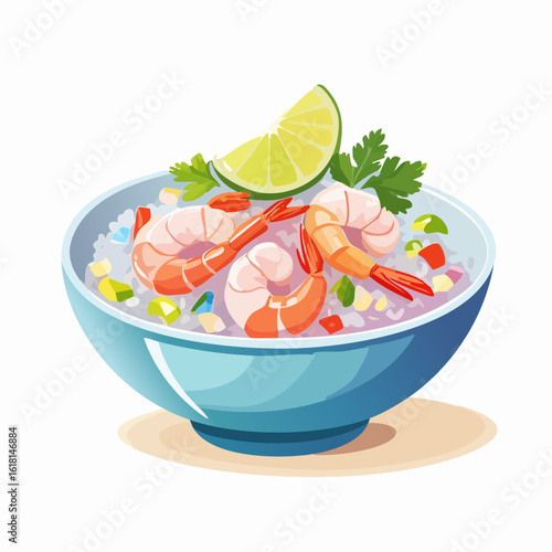 Fresh Shrimp and Rice Bowl with Diced Vegetables, Cilantro, and a Lime Wedge