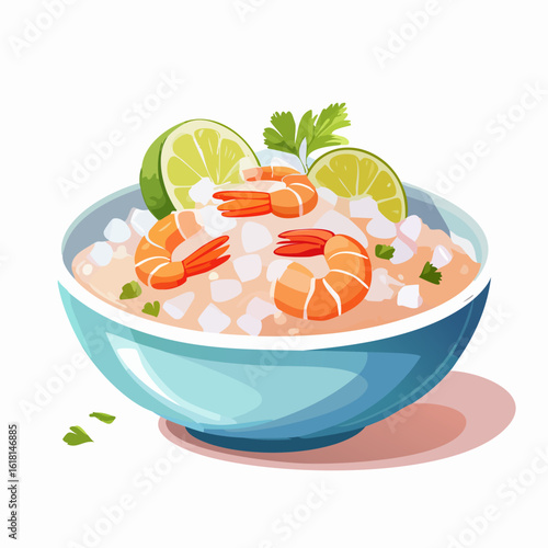 Fresh shrimp ceviche in a blue bowl with lime wedges and cilantro garnish.