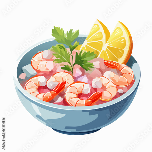 Fresh shrimp ceviche in a light blue bowl, garnished with lemon wedges and parsley sprig.