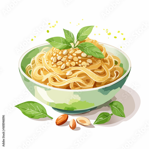 A fresh bowl of linguine pasta topped with toasted nuts and basil leaves in a light green bowl. Stylized watercolor illustration.