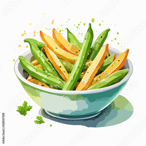 Vibrant watercolor bowl of sliced green and yellow beans with herb garnish.