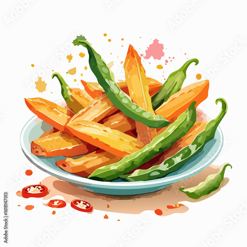 A savory dish of golden fried wedges and whole green chili peppers in a light blue bowl, watercolor style.