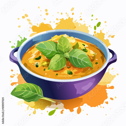 A vibrant purple bowl of creamy orange soup, garnished with fresh green basil leaves.
