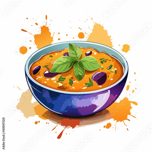 Colorful bowl of thick orange soup with black beans and a fresh basil sprig, watercolor style.