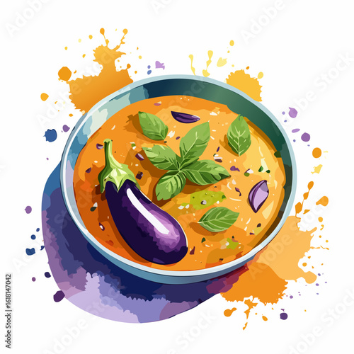 Stylized watercolor illustration of a bowl of orange eggplant soup with fresh basil.