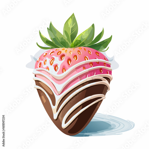 Gourmet chocolate-dipped strawberry with layers of pink, white, and dark chocolate icing.