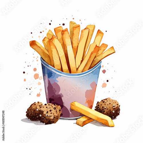 A vibrant watercolor illustration of golden french fries in a cup with crispy nuggets.
