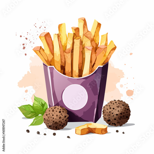 Watercolor illustration of golden french fries in a purple carton, served with meatballs, cheese, and fresh basil.