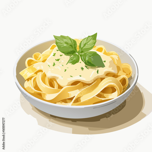 A stylized bowl of fettuccine pasta topped with a creamy sauce and a fresh basil sprig.