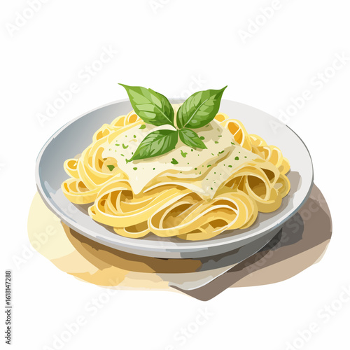 Fettuccine pasta with creamy Alfredo sauce, garnished with fresh basil leaves and herbs on a white plate.