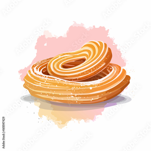 A delicious stack of two golden-brown, coiled churros with a ridged texture, generously sprinkled with white sugar.