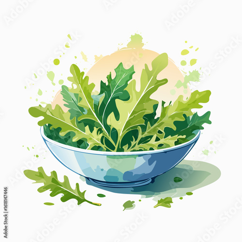 A vibrant watercolor illustration of a bowl filled with fresh green arugula leaves.
