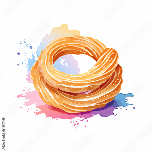 Artistic watercolor illustration of a golden, coiled churro pastry with colorful splashes.