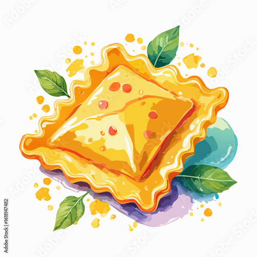 Watercolor illustration of a single square ravioli with fluted edges and fresh basil.