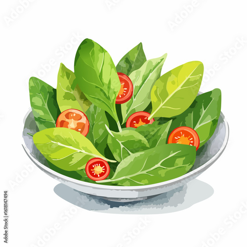 Fresh spinach and cherry tomato salad in a white bowl, watercolor style illustration.