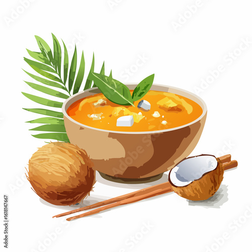 Vibrant orange Thai coconut curry soup in a bowl with fresh basil, coconuts, and chopsticks.