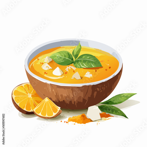 Creamy orange soup in a coconut shell bowl, garnished with fresh basil and cheese cubes.