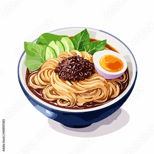 Illustrated bowl of Asian noodles with rich black bean sauce, a soft-boiled egg, and sliced cucumber.
