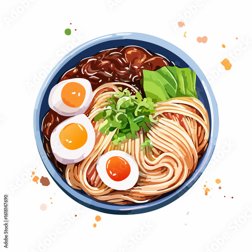 Vibrant watercolor illustration of a Japanese ramen bowl with noodles, soft-boiled eggs, and savory toppings.