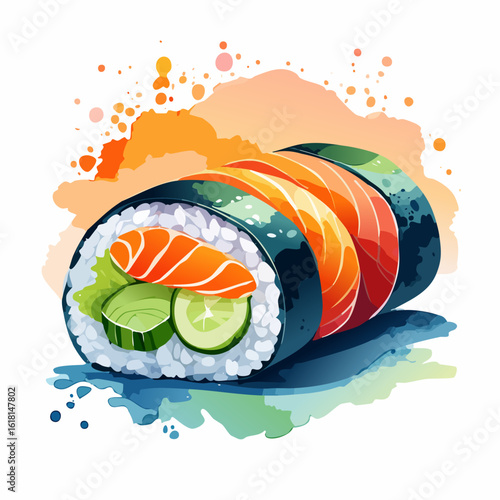Artistic watercolor illustration of a Japanese maki sushi roll with salmon and cucumber.