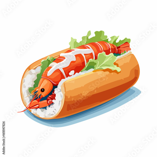 Gourmet shrimp roll with rice and lettuce, drizzled with creamy sauce in a toasted bun.